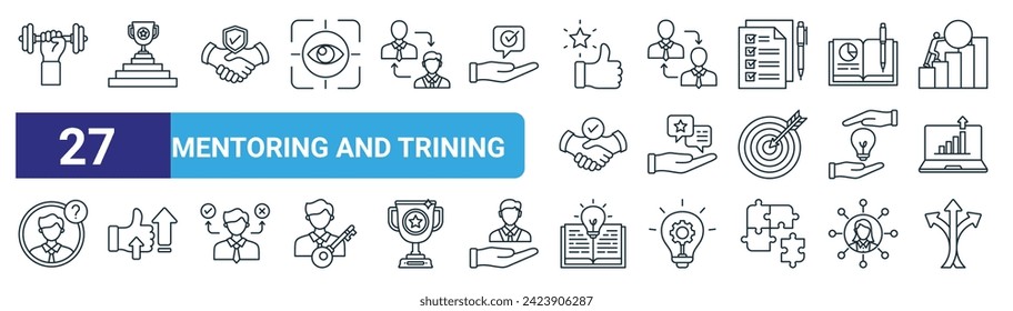 Set von 27 Skizzen Web-Mentoring und Ausbildung Symbole wie Training, Win, Vertrauen, Coaching, Beratung, Motivation, Lernen, Richtung Vektor dünnen Linie Symbole für Web-Design, mobile App.
