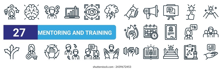 set of 27 outline web mentoring and training icons such as experience, brain, decision making, megaphone, schedule, key person, training, advice vector thin line icons for web design, mobile app.