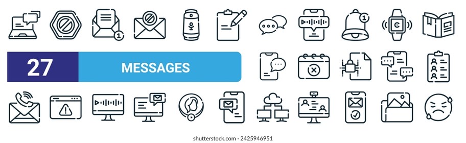 set of 27 outline web messages icons such as online chat, blocked, email, voice message, cross mark, alert, cloud, emoji vector thin line icons for web design, mobile app.