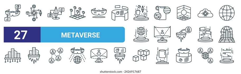 conjunto de 27 iconos de metaverso web de esquema como gafas virtuales, núcleo, moneda digital, gadget, videoconferencia, área, bloque de ladrillo, hológrafo vector de línea delgada iconos para diseño web, aplicación móvil.