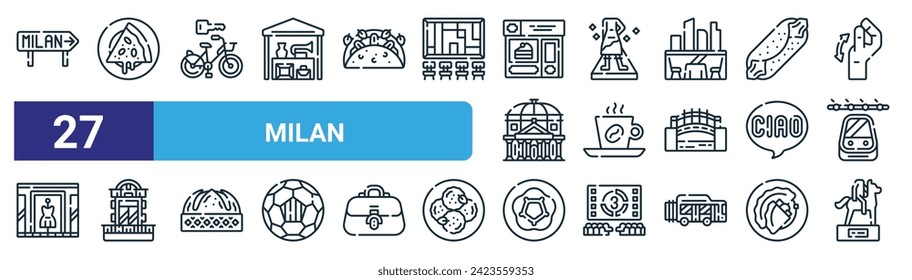 conjunto de 27 iconos de esquema milán web como calle, pizza, alquiler de bicicletas, moda, espresso, balcón, michetta, iconos de línea delgada vectorial de estatua para diseño web, aplicación móvil.