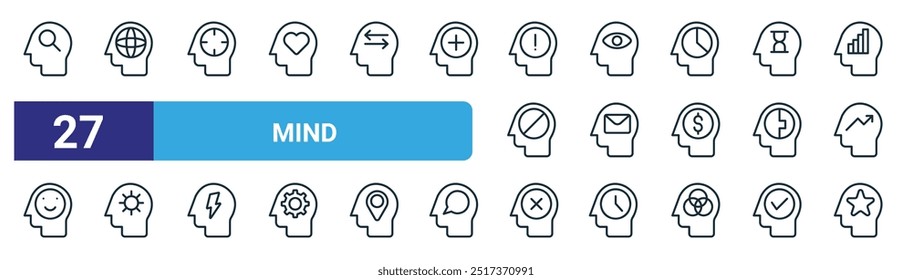 Satz von 27 Umriss Web-Mind-Symbole wie Geist, Geist, Vektor dünne Linie Symbole für Web-Design, mobile App.