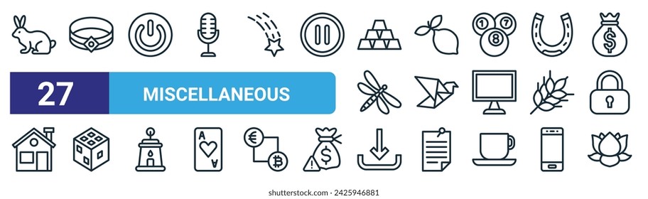 set of 27 outline web miscellaneous icons such as rabbit, bracelet, power button, lemon, origami, dice, download, lotus vector thin line icons for web design, mobile app.