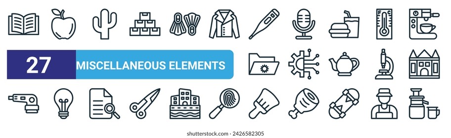 set of 27 outline web miscellaneous elements icons such as book,  , cactus, microscope, technology, bulb, paint brush, juicer vector thin line icons for web design, mobile app.