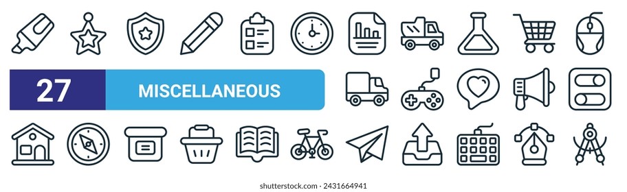 set of 27 outline web miscellaneous icons such as highlighter, star, shield, dumper, gamepad, compass, paper plane, drawing vector thin line icons for web design, mobile app.