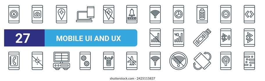 Satz von 27 Outline Web Mobile UI und UX-Symbole wie Helligkeit, App, Daten, G, Off, WiFi, Wallpaper Vektor dünne Linie Symbole für Web-Design, mobile App.