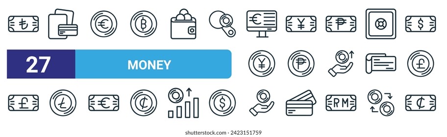 set of 27 outline web money icons such as lira, bill, euro, yen, peso,  , coin, cent vector thin line icons for web design, mobile app.