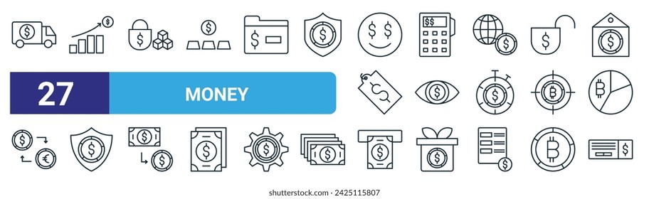 Set von 27 Outline-Web-Geld-Icons wie Lieferwagen, Analyse, blockiert, Datentelefon, Visionär, geschützt, Geldentzug, Zahlungsscheck Vektor dünne Linie Icons für Web-Design, mobile App.