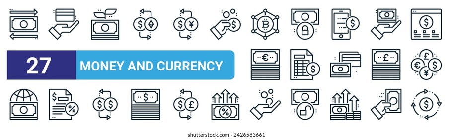 set of 27 outline web money and currency icons such as money transfer, pay card, investment, lock, invoice, tax, savings, money exchange vector thin line icons for web design, mobile app.