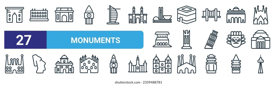 set of 27 outline web monuments icons such as ejer baunehoj, palace of versailles, quinta of saint peter alexandria, kaaba building, philippines, easter island, spain,   vector thin line icons for