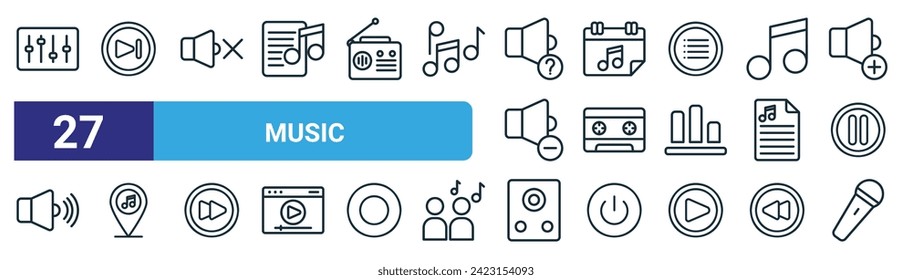 set of 27 outline web music icons such as mixer, forward, mute, calendar, case, location, speaker, microphone vector thin line icons for web design, mobile app.