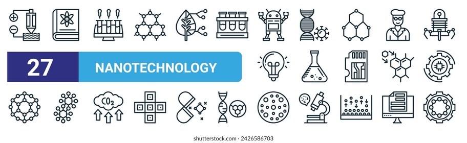 set of 27 outline web nanotechnology icons such as scanning tunneling microscope, science book, quantum dot, genome, flask, science, nanocrystal, gear vector thin line icons for web design, mobile