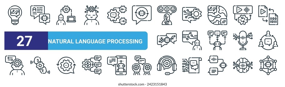 conjunto de 27 iconos de procesamiento del lenguaje natural de la web de contorno como procesamiento de lenguaje natural, lenguaje, procesamiento natural, iconos de línea delgada vectorial para diseño web, aplicación móvil.