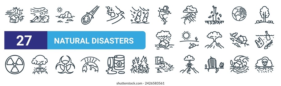 set of 27 outline web natural disasters icons such as cyclone, strong wind, melting ice, thunderstorm, desertification, nuclear blast, waste water, acid rain vector thin line icons for web design,