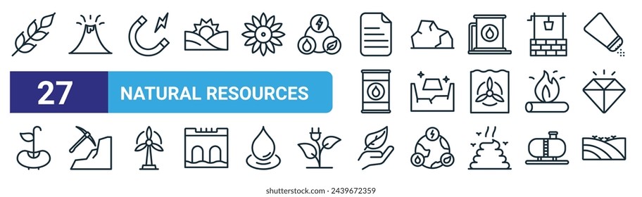 set of 27 outline web natural resources icons such as wheat, volcano, magnet, rock, gold mine, mining, natural resources, crop vector thin line icons for web design, mobile app.