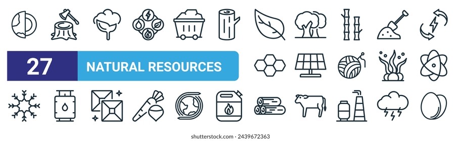 set of 27 outline web natural resources icons such as geotermic, deforestation, cotton, forest, solar panel, gas, lumber, eggs vector thin line icons for web design, mobile app.