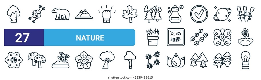 Set von 27 Umriss Web-Natur-Icons wie schwarzer Birkenbaum, Blumendekorationen, Polar, Essenz, Weingarten, Bassholzbaum, Ikebana Blumen, Blei Vektor dünne Linie Symbole für Web-Design, mobile App.