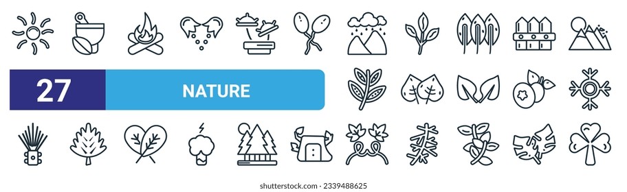 set of 27 outline web nature icons such as shining sun with rays, treatments, camping bonfire, cherry leaf, linden leaf, hawthorn leaf, grape trifoliate ternate vector thin line icons for web