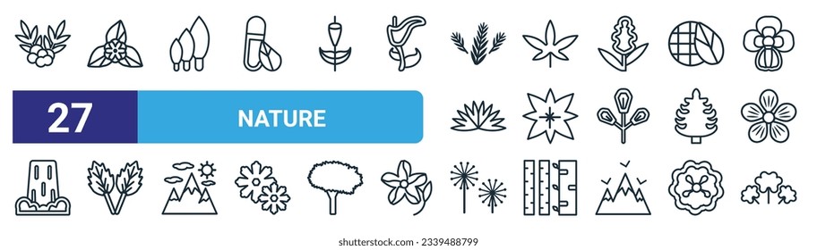 Set von 27 Umriss Web-Natur-Icons wie rowan, Bougainvillea, Cypress, Cannabis, Pointia, Pfefferminz, Löwenzahn, Kleber Vektor dünnen Linie Symbole für Web-Design, mobile App.