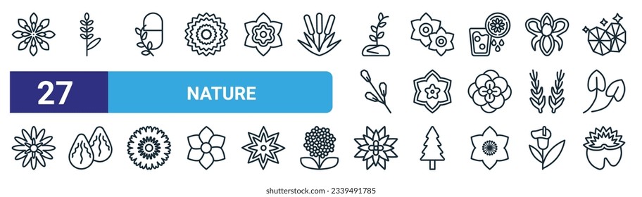 set of 27 outline web nature icons such as zinnia, lavender, natural medical pills, narcissus, oleander, almond, dahlia, nymphea vector thin line icons for web design, mobile app.