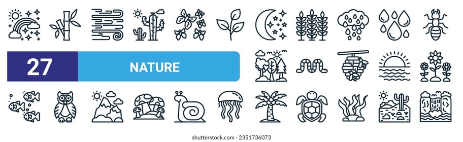 set of 27 outline web nature icons such as rainbow, bamboo, wind, wheat, worm, owl, coconut tree, waterfall vector thin line icons for web design, mobile app.
