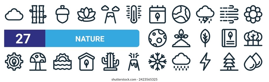 set of 27 outline web nature icons such as cloud, bamboo, acorn, wind, sprout, mushroom, snowflake, water vector thin line icons for web design, mobile app.