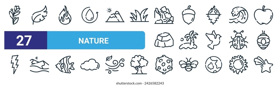 conjunto de 27 iconos de la naturaleza de la web del contorno tales como flor, hoja, fuego, bellota, isla, desierto, luna, estrellas vector delgado línea iconos para el diseño web, aplicación móvil.