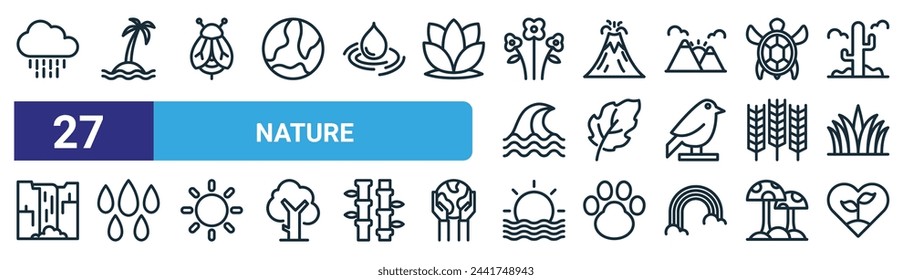 conjunto de 27 iconos de la naturaleza de la web del contorno tales como lluvia, isla, abeja, volcán, hoja, goteo, amanecer, planta un vector de árbol delgado iconos de línea para el diseño web, aplicación móvil.