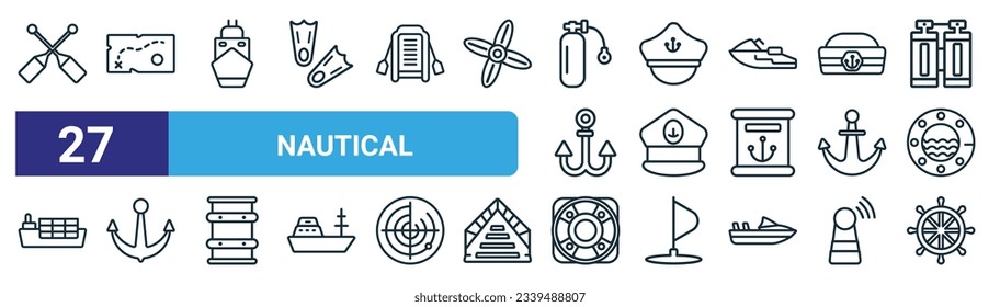 set of 27 outline web nautical icons such as oars, nautical map, ballast, sailor hat, captain hat, marine, lifesaver, boat steering wheel vector thin line icons for web design, mobile app.