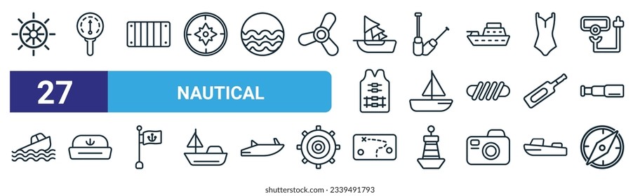 set of 27 outline web nautical icons such as rudder, barometer, big crate, seaworthy, scow, navy hat, treasure map, big compass vector thin line icons for web design, mobile app.