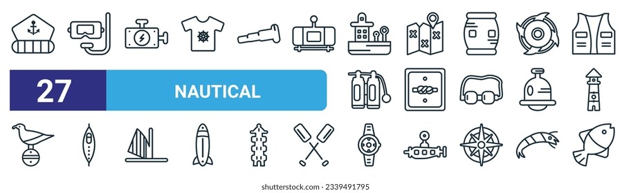 set of 27 outline web nautical icons such as sailor hat, snorkel, ship engine, folded map with placeholder, rope knot, one kayak, water resist watch, fish vector thin line icons for web design,