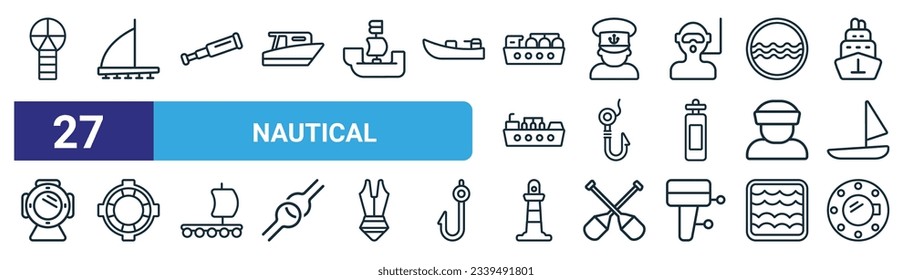 set of 27 outline web nautical icons such as port and starboard, iceboat, antique telescope, ship admiral, hook, life preserver, smeatons tower, boat porthole vector thin line icons for web design,