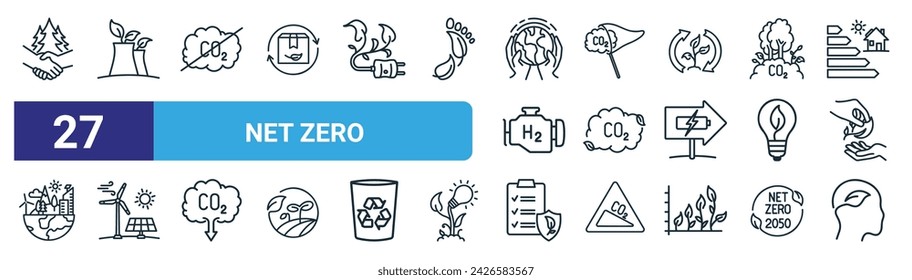 conjunto de 27 iconos de esquema web net zero tales como eco activismo, energía limpia, net zero, captura de carbono, carbono neutral, energía renovable, planificación ambiental, pensar vector verde línea delgada iconos para