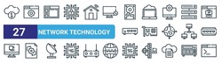 set of 27 outline web network technology icons such as acces, intranet, website, cloud computing, network interface card, system update, g, code vector thin line icons for web design, mobile app.
