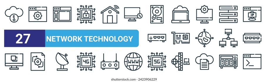 set of 27 outline web network technology icons such as acces, intranet, website, cloud computing, network interface card, system update, g, code vector thin line icons for web design, mobile app.