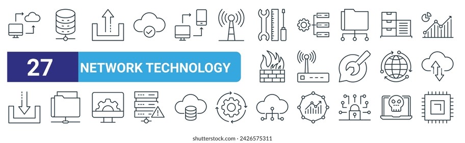 Satz von 27 Outline-Web-Netzwerk-Technologie-Symbole wie Datensicherung, Datenbank, Upload, Projektmanagement, WiFi-Router, freigegebener Ordner, Reparatur, Hardware-Vektor Thin Line-Symbole für Web-Design, mobil