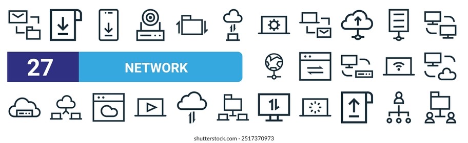 conjunto de 27 ícones de rede da web de estrutura de tópicos, como e-mail, download, smartphone, correio, transferência, nuvem, computador, vetor de rede ícones de linha fina para web design, aplicativo móvel.