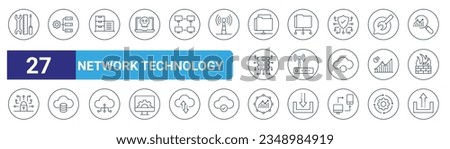 set of 27 outline web network technology icons such as maintenance, project management, server, network folder, wifi router, cloud server,  , upload vector thin line icons for web design, mobile