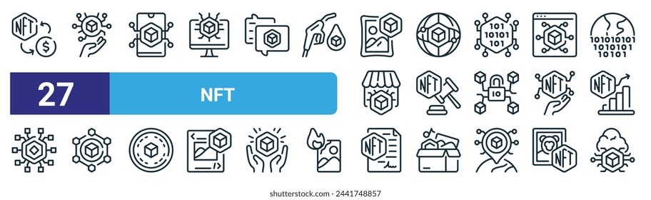 conjunto de 27 iconos nft web de esquema como intercambio, criptografía, smartphone, internet, subasta, blockchain, licencia, vector de nube de línea delgada iconos para el diseño web, aplicación móvil.