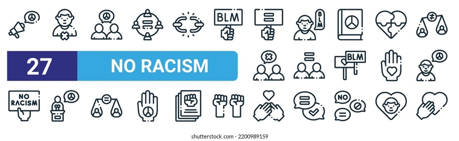 set of 27 outline web no racism icons such as peace, discrimination, peace, blm, equality, speech, no racism, respect vector thin line icons for web design, mobile app.