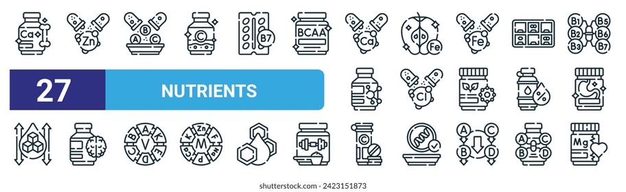 set of 27 outline web nutrients icons such as calcium, zink, nutrient, ferrum, chlorine, brain, effervescent, magnesium vector thin line icons for web design, mobile app.