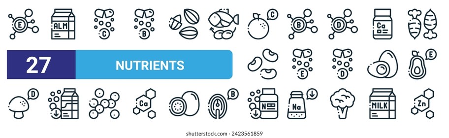 set of 27 outline web nutrients icons such as vitamin e, almond milk, vitamin c, vitamin b, e, nutrient, nutrient, zinc vector thin line icons for web design, mobile app.