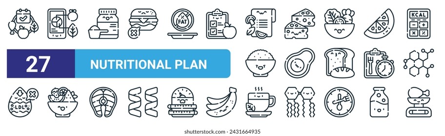 set of 27 outline web nutritional plan icons such as healthy food, apps, whey, cheese, avocado, fruit salad, green tea, scale vector thin line icons for web design, mobile app.