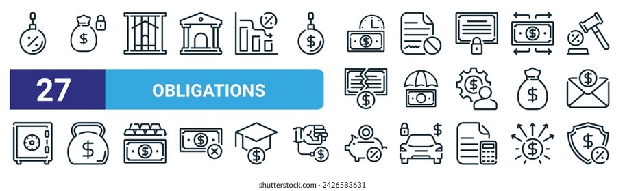 Set von 27 Outline Web Verpflichtungen Symbole wie Last, Locked, Pledge, Kündigung, Versicherung, Last, Sparschwein, Versicherung Vektor Thin Line Icons für Web-Design, mobile App.