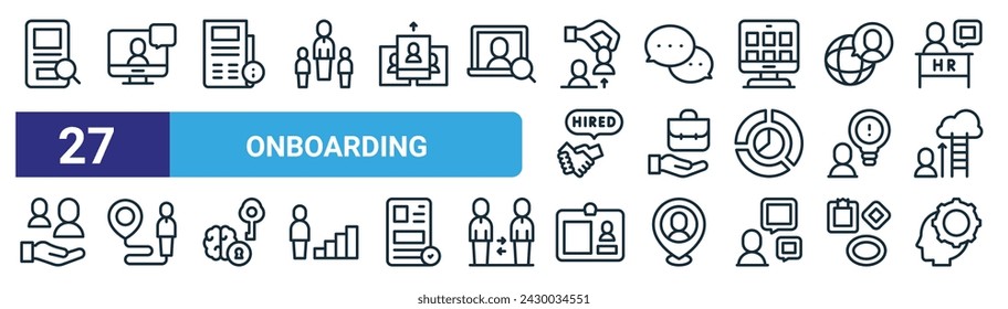 set of 27 outline web onboarding icons such as file, online meeting, newspaper, chat, hand, employee, badge, mind vector thin line icons for web design, mobile app.