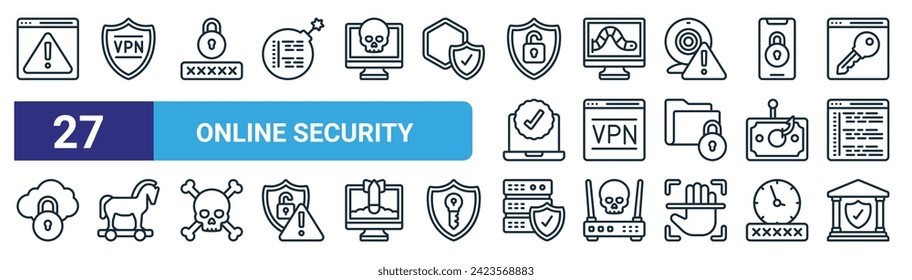 conjunto de 27 iconos de seguridad en línea de esquema web como error, vpn, contraseña, gusano, vpn, troyano, servidores, iconos de línea delgada de vector bancario para diseño web, aplicación móvil.
