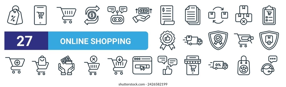 set of 27 outline web online shopping icons such as sale, online shop, shopping cart, collection, delivery, shopping, feedback, call center vector thin line icons for web design, mobile app.