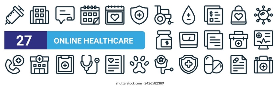 conjunto de 27 iconos de salud en línea de contorno web tales como inyecciones, hospital, consulta, tipo de sangre, escala de peso, hospital, especialista, bolsa médica vector línea delgada iconos para diseño web, móvil