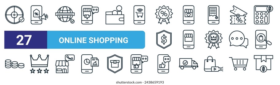 set of 27 outline web online shopping icons such as target, promotion, website, online shopping, online shopping, premium quality, good review, gift vector thin line icons for web design, mobile