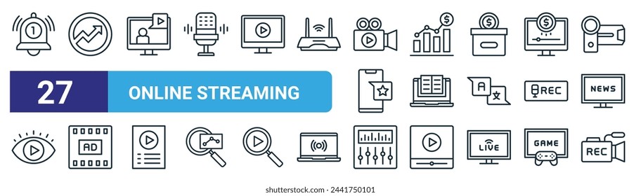 set of 27 outline web online streaming icons such as notification, trending, webinar, statistics, e learning, ad, equalizer, video recording vector thin line icons for web design, mobile app.